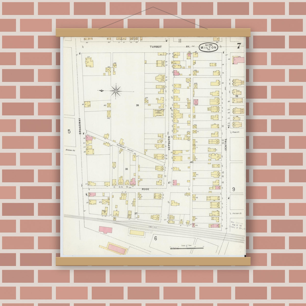 Old map wall art mockup — magnetic wood frame on brick wall — Sanborn Fire Insurance Map from Milton, Northumberland County, Pennsylvania (1896), Sheet #0007