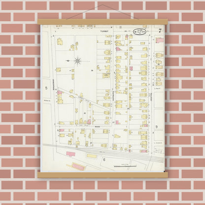 Old map wall art mockup — magnetic wood frame on brick wall — Sanborn Fire Insurance Map from Milton, Northumberland County, Pennsylvania (1896), Sheet #0007