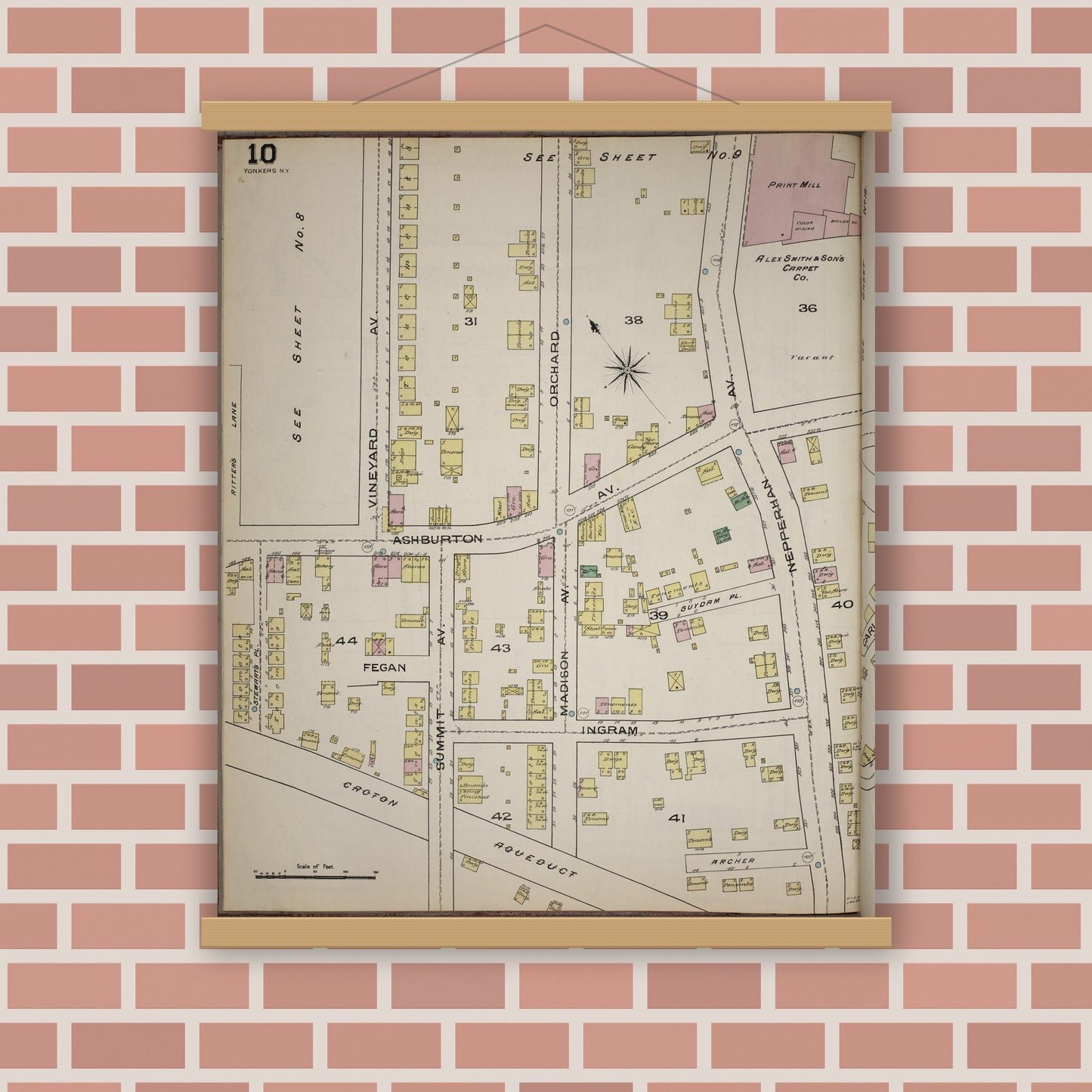 Old map wall art mockup — magnetic wood frame on brick wall — Sanborn Fire Insurance Map from Yonkers, Westchester County, New York (1886), Sheet #0010