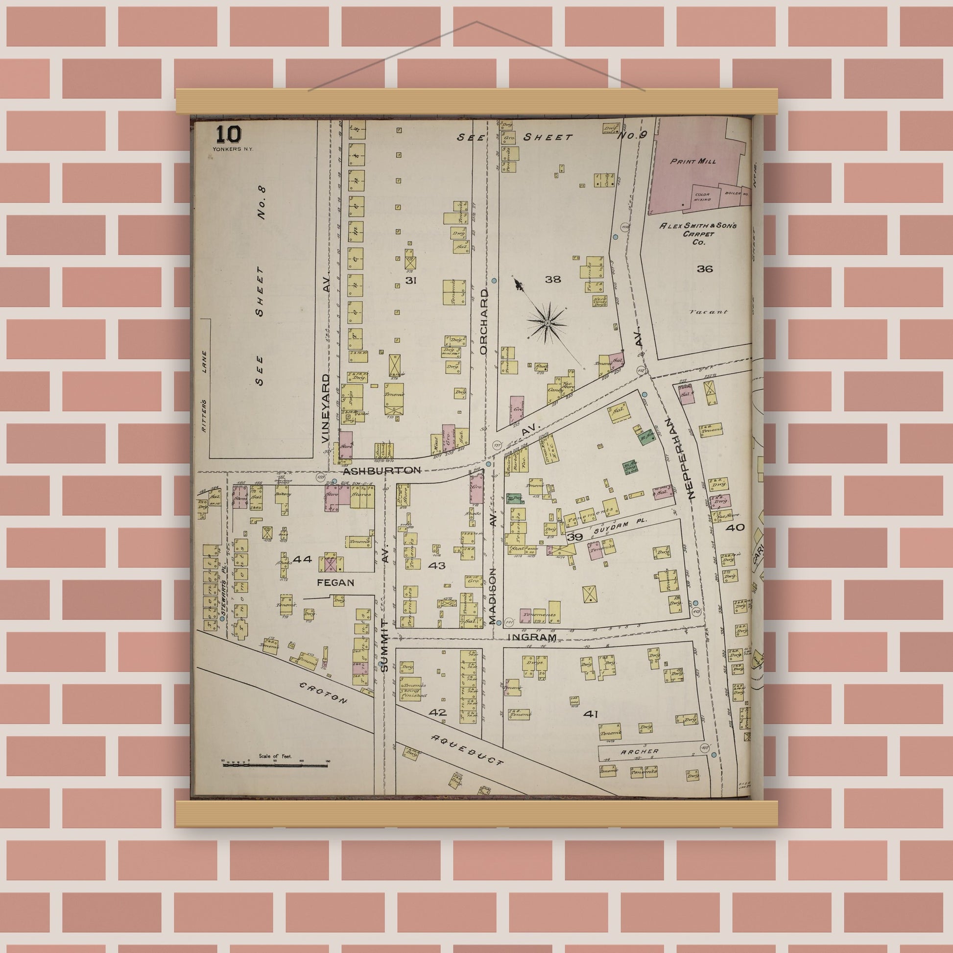 Old map wall art mockup — magnetic wood frame on brick wall — Sanborn Fire Insurance Map from Yonkers, Westchester County, New York (1886), Sheet #0010