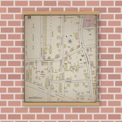Old map wall art mockup — magnetic wood frame on brick wall — Sanborn Fire Insurance Map from Yonkers, Westchester County, New York (1886), Sheet #0010