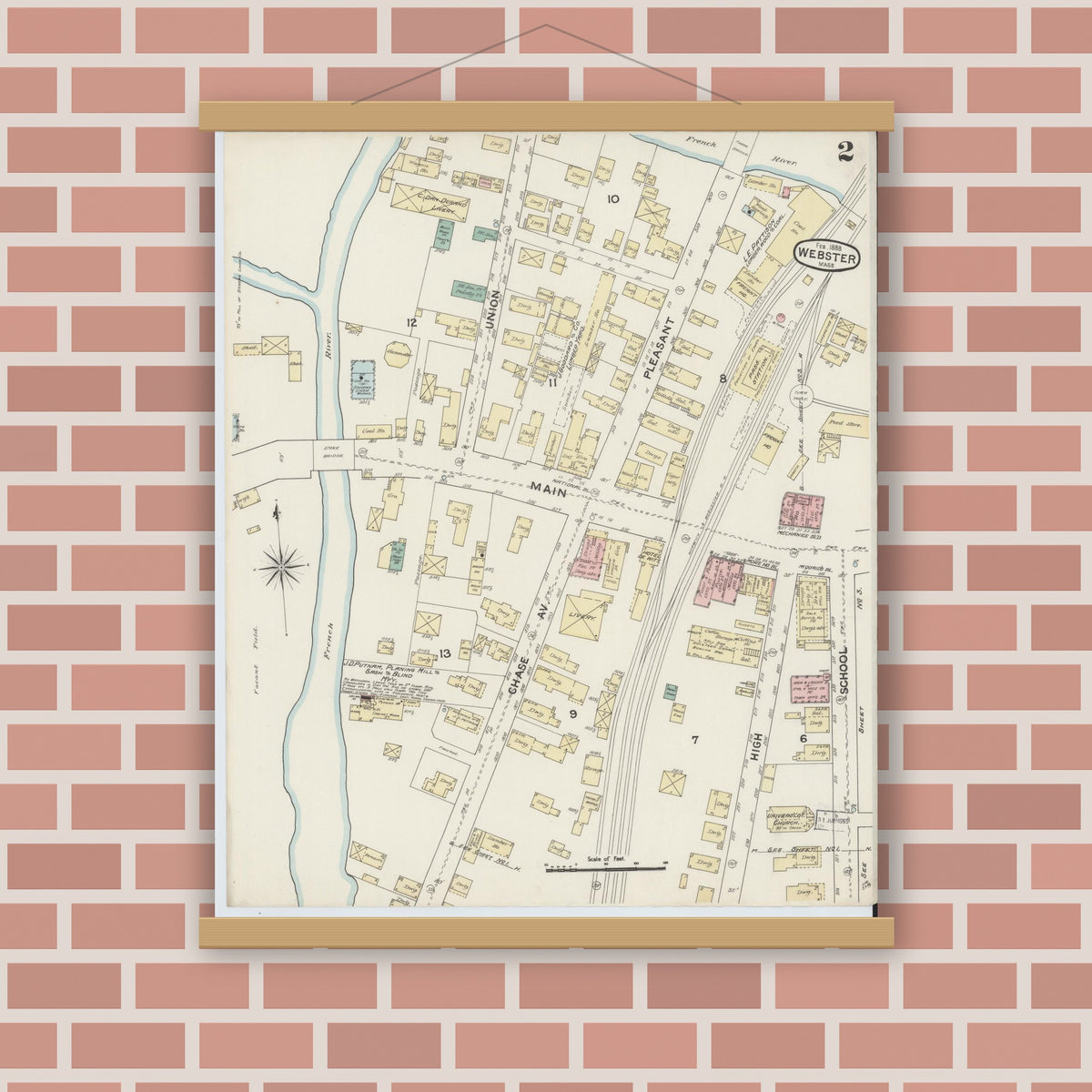 Old map wall art mockup — magnetic wood frame on brick wall — Sanborn Fire Insurance Map from Webster, Worcester County, Massachusetts (1888), Sheet #0002