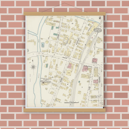 Old map wall art mockup — magnetic wood frame on brick wall — Sanborn Fire Insurance Map from Webster, Worcester County, Massachusetts (1888), Sheet #0002