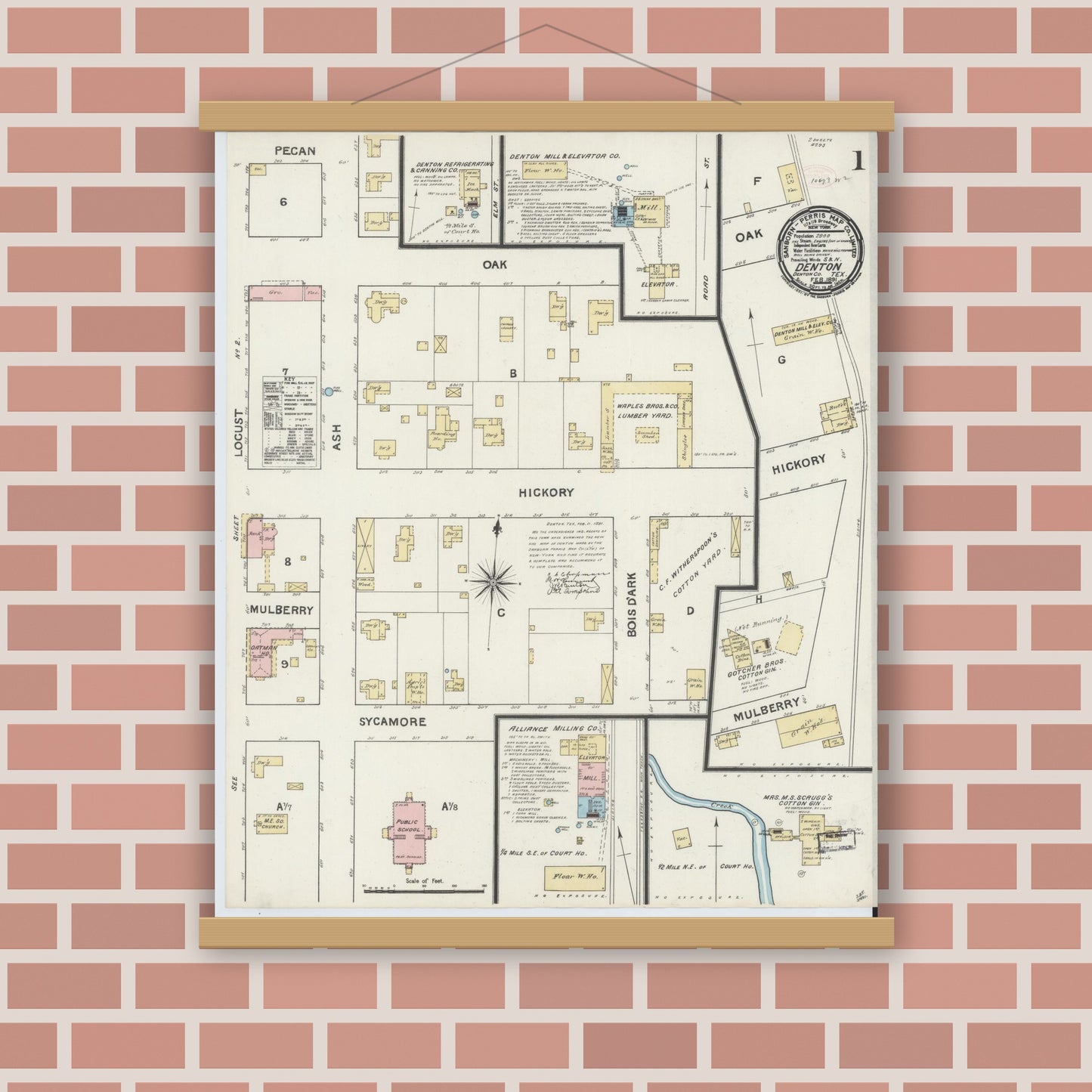 Old map wall art mockup — magnetic wood frame on brick wall — Sanborn Fire Insurance Map from Denton, Denton County, Texas (1891) - Complete Map Set