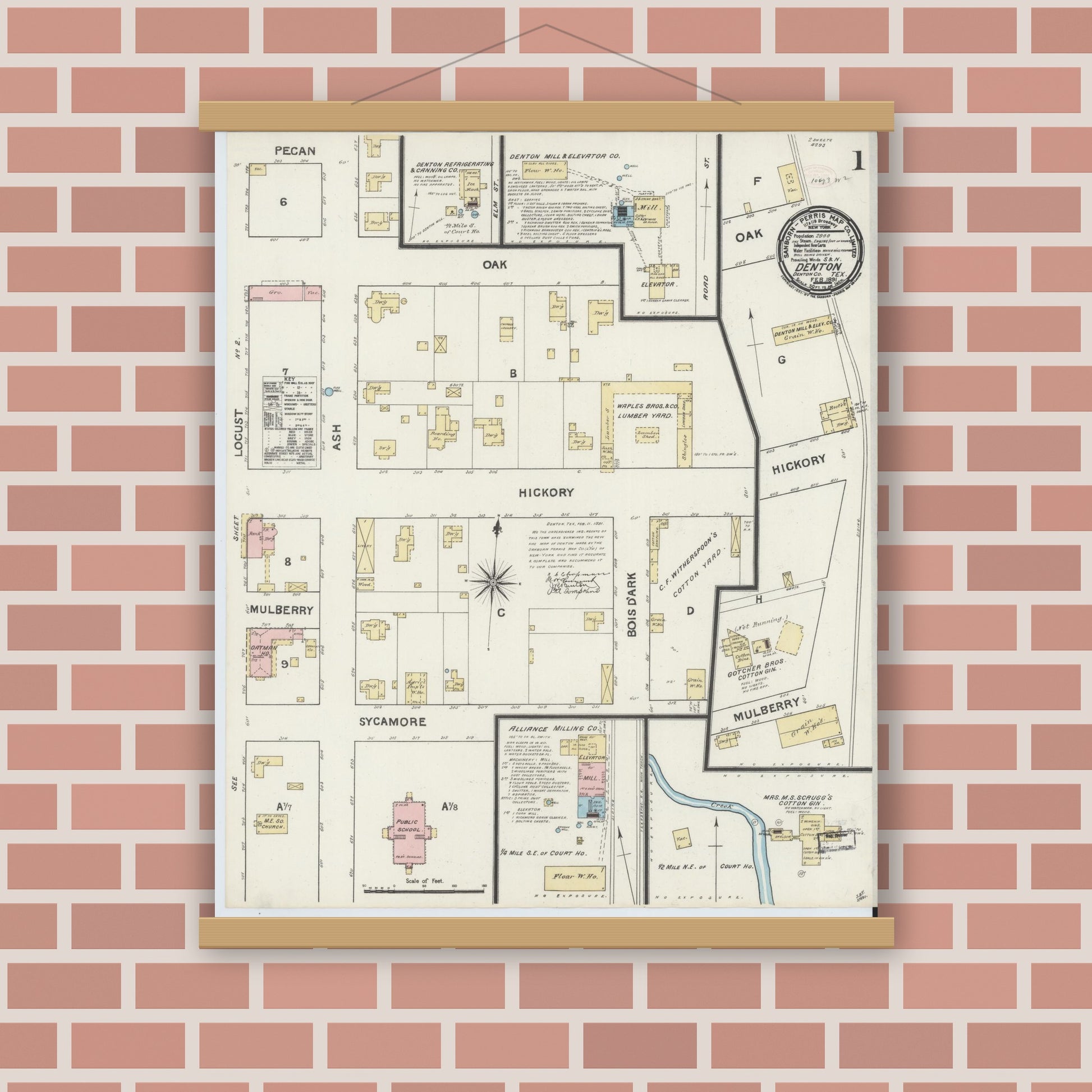 Old map wall art mockup — magnetic wood frame on brick wall — Sanborn Fire Insurance Map from Denton, Denton County, Texas (1891) - Complete Map Set