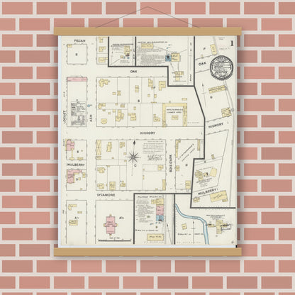 Old map wall art mockup — magnetic wood frame on brick wall — Sanborn Fire Insurance Map from Denton, Denton County, Texas (1891) - Complete Map Set