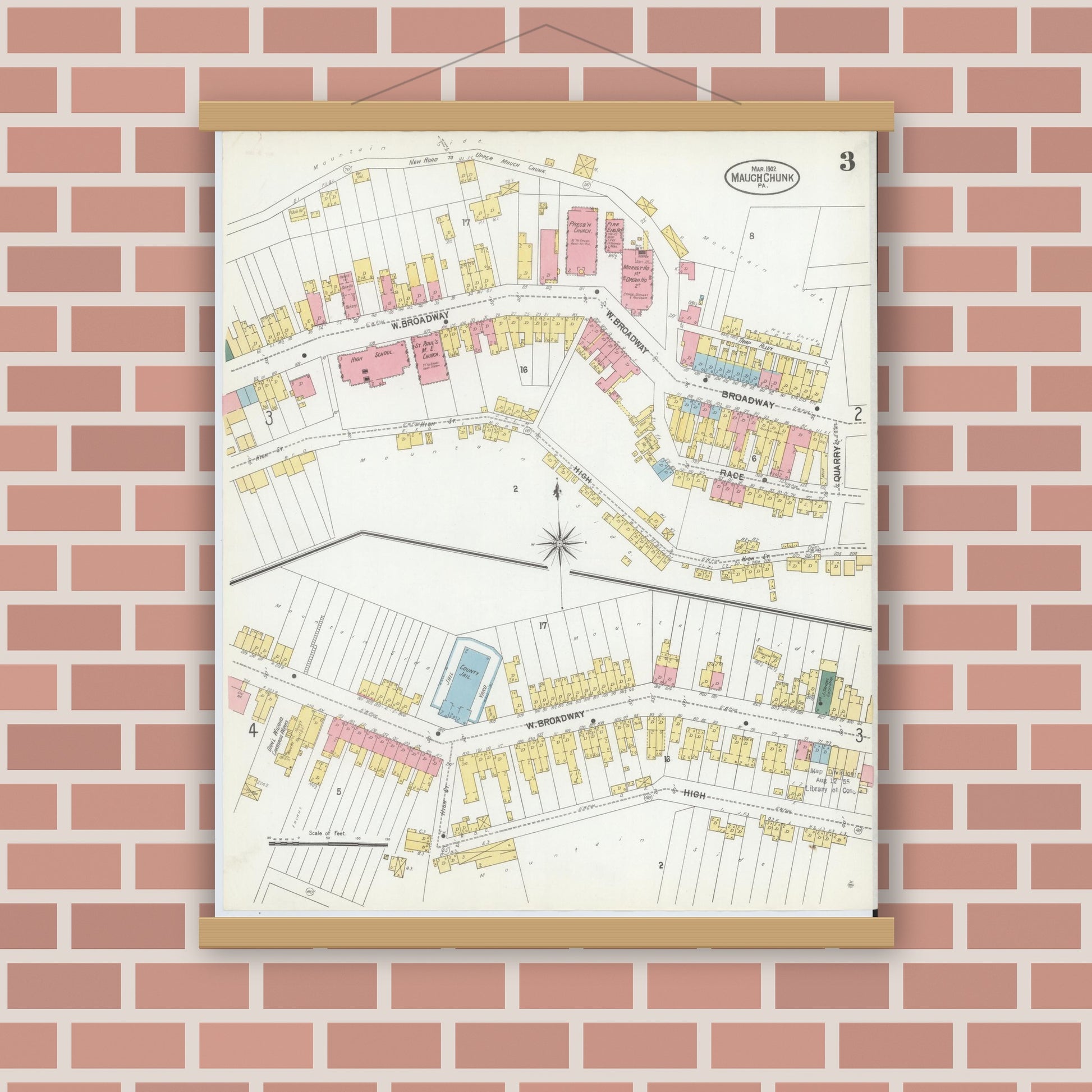Old map wall art mockup — magnetic wood frame on brick wall — Sanborn Fire Insurance Map from Mauch Chunk, Carbon County, Pennsylvania (1902), Sheet #0003