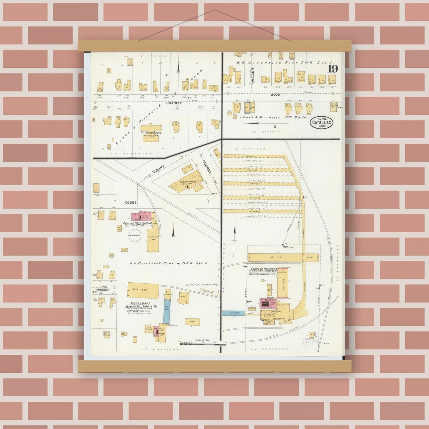Old map wall art mockup — magnetic wood frame on brick wall — Sanborn Fire Insurance Map from Cadillac, Wexford County, Michigan (1906), Sheet #0019