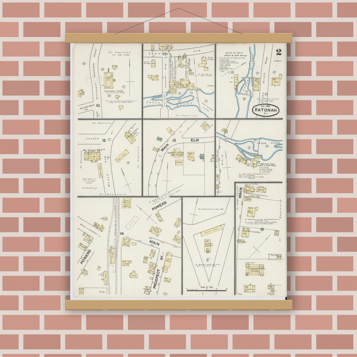 Old map wall art mockup — magnetic wood frame on brick wall — Sanborn Fire Insurance Map from Katonah, Westchester County, New York (1890), Sheet #0002