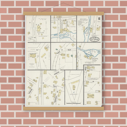 Old map wall art mockup — magnetic wood frame on brick wall — Sanborn Fire Insurance Map from Katonah, Westchester County, New York (1890), Sheet #0002