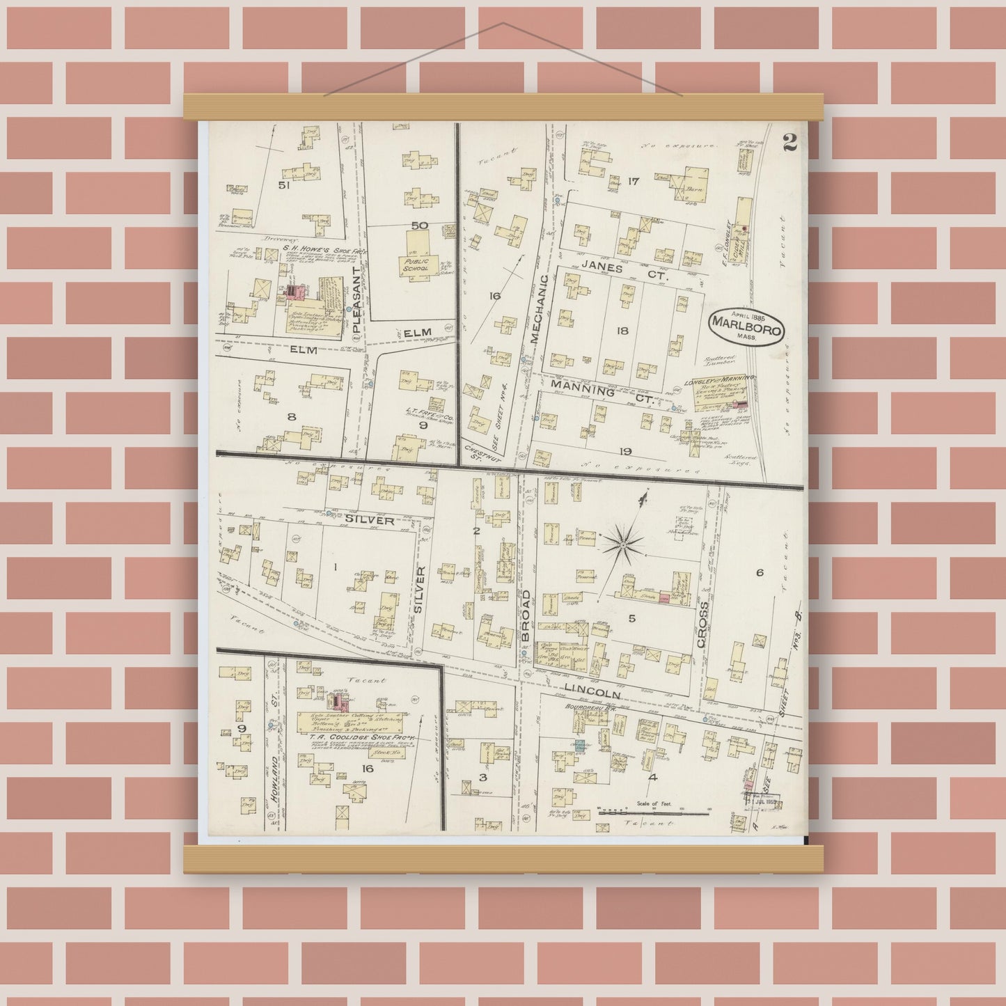 Old map wall art mockup — magnetic wood frame on brick wall — Sanborn Fire Insurance Map from Marlborough, Middlesex County, Massachusetts (1885), Sheet #0002