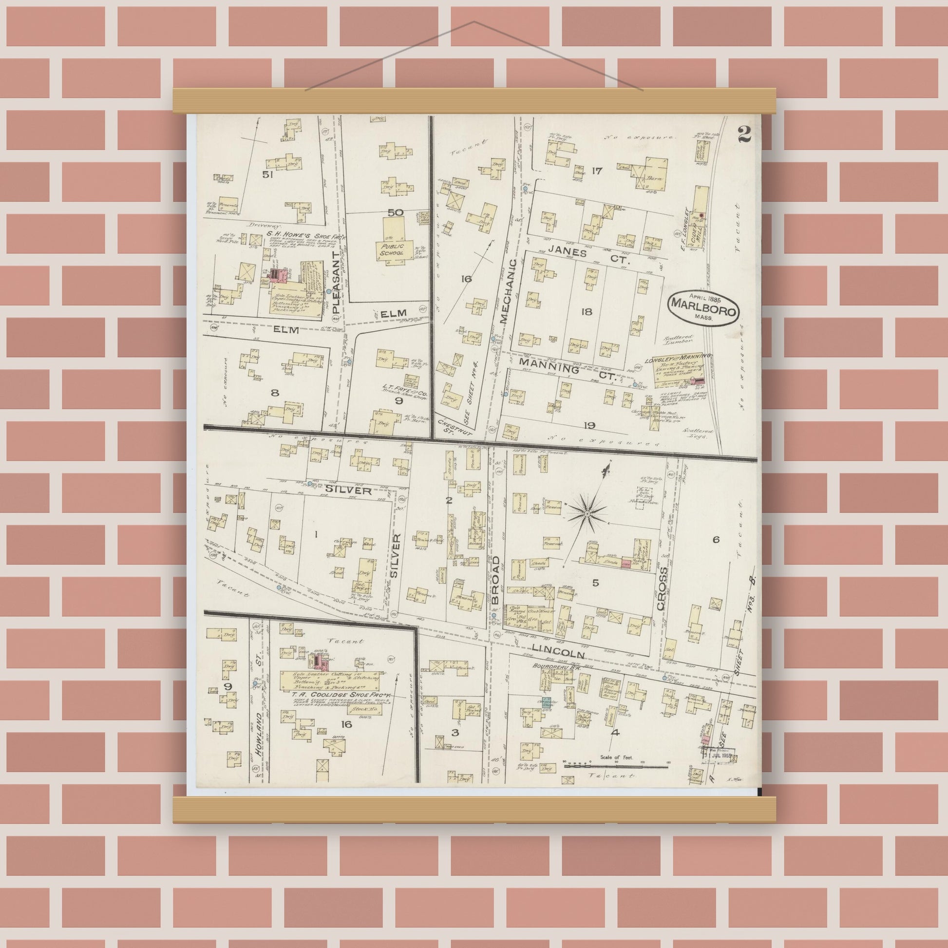 Old map wall art mockup — magnetic wood frame on brick wall — Sanborn Fire Insurance Map from Marlborough, Middlesex County, Massachusetts (1885), Sheet #0002