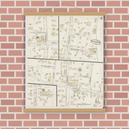 Old map wall art mockup — magnetic wood frame on brick wall — Sanborn Fire Insurance Map from Marlborough, Middlesex County, Massachusetts (1885), Sheet #0002