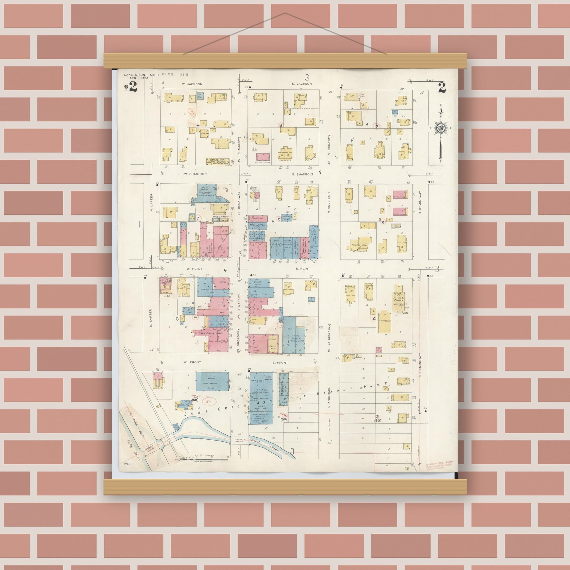 Old map wall art mockup — magnetic wood frame on brick wall — Sanborn Fire Insurance Map from Lake Orion, Oakland County, Michigan (1943), Sheet #0002