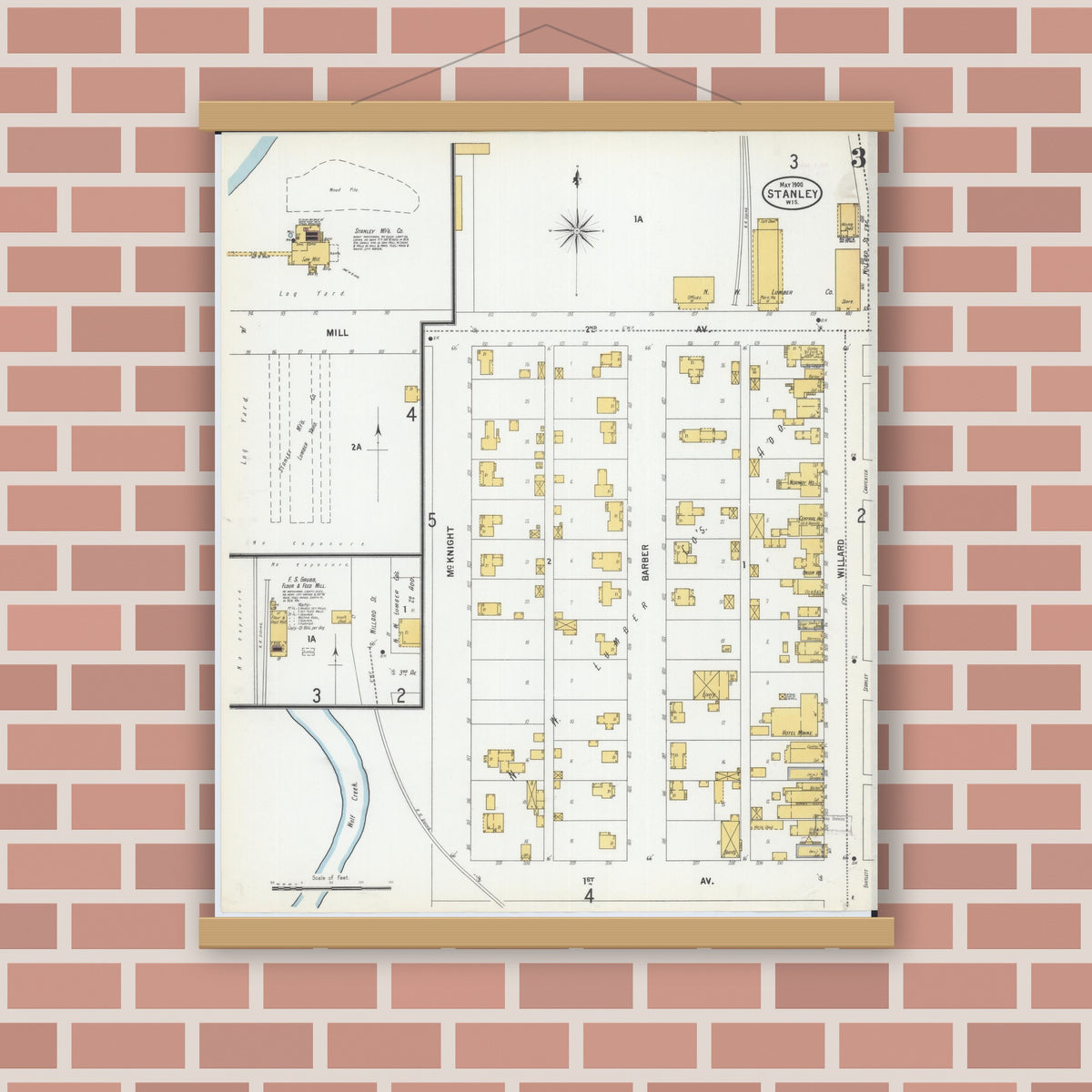 Old map wall art mockup — magnetic wood frame on brick wall — Sanborn Fire Insurance Map from Stanley, Chippewa County, Wisconsin (1900), Sheet #0003