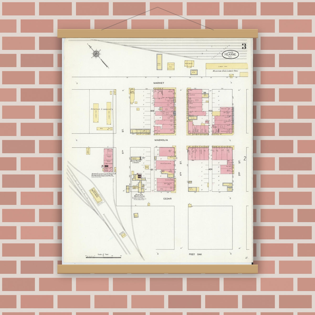 Old map wall art mockup — magnetic wood frame on brick wall — Sanborn Fire Insurance Map from Hearne, Robertson County, Texas (1911), Sheet #0003