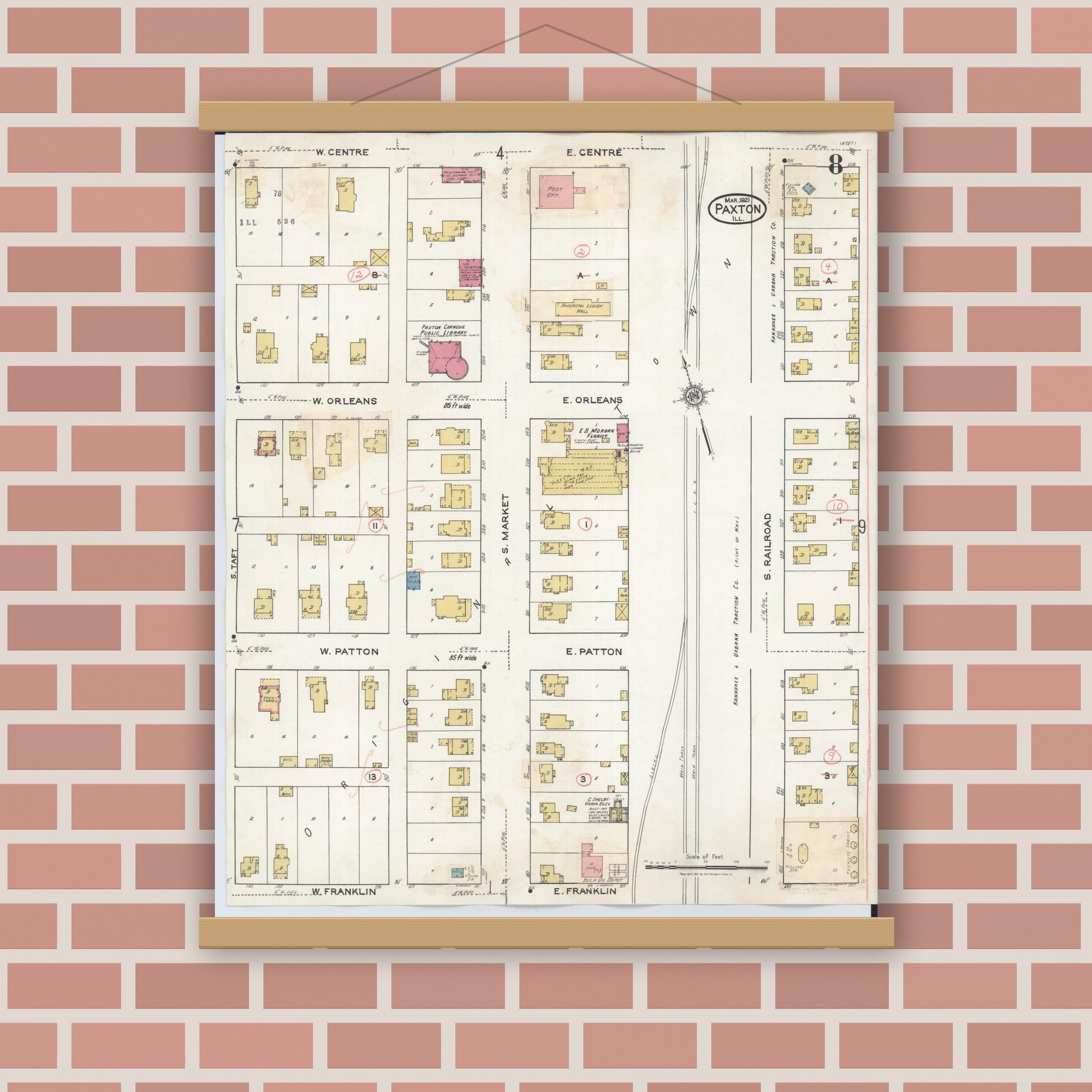 Old map wall art mockup — magnetic wood frame on brick wall — Sanborn Fire Insurance Map from Paxton, Ford County, Illinois (1932), Sheet #0008