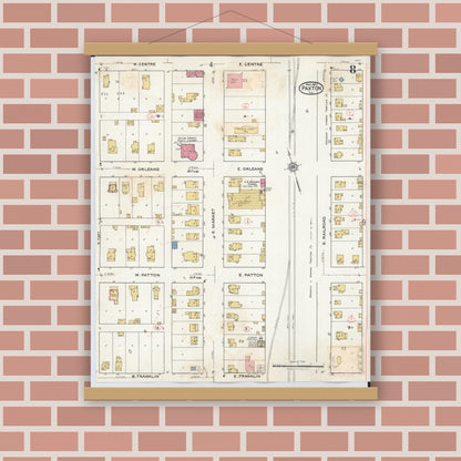 Old map wall art mockup — magnetic wood frame on brick wall — Sanborn Fire Insurance Map from Paxton, Ford County, Illinois (1932), Sheet #0008