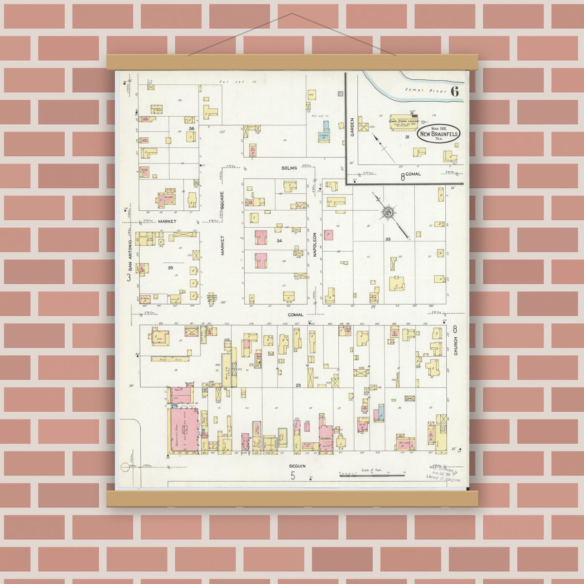 Old map wall art mockup — magnetic wood frame on brick wall — Sanborn Fire Insurance Map from New Braunfels, Comal County, Texas (1912), Sheet #0006