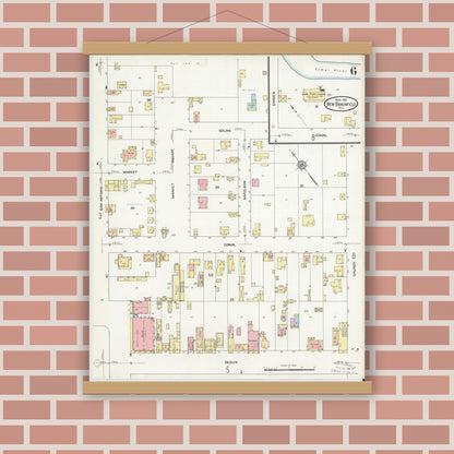 Old map wall art mockup — magnetic wood frame on brick wall — Sanborn Fire Insurance Map from New Braunfels, Comal County, Texas (1912), Sheet #0006