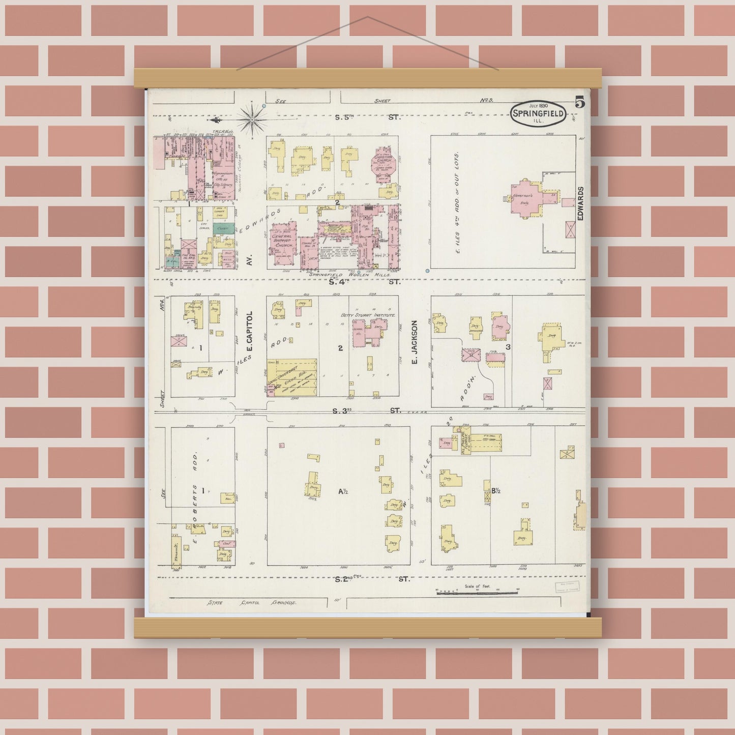 Old map wall art mockup — magnetic wood frame on brick wall — Sanborn Fire Insurance Map from Springfield, Sangamon County, Illinois (1890), Sheet #0005
