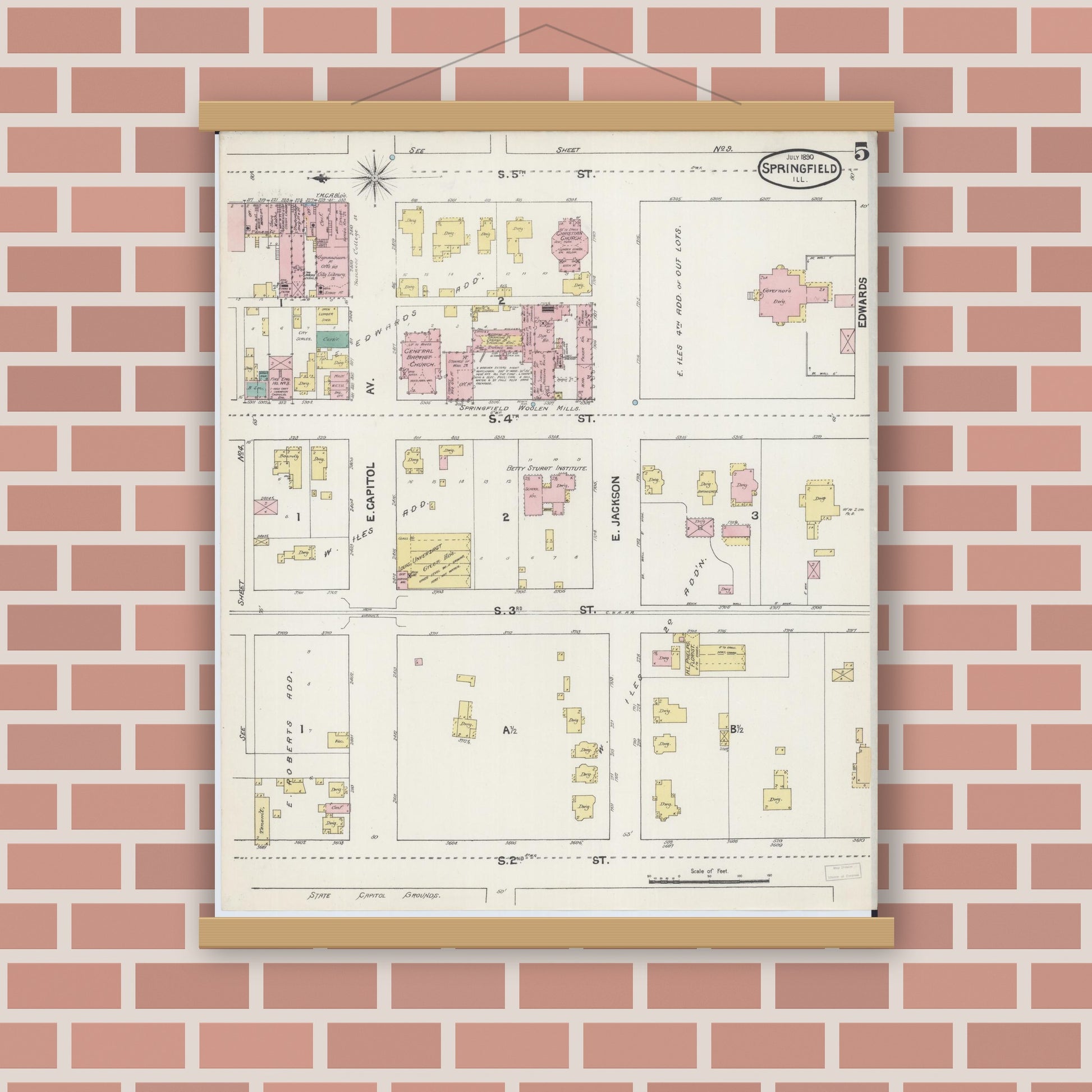 Old map wall art mockup — magnetic wood frame on brick wall — Sanborn Fire Insurance Map from Springfield, Sangamon County, Illinois (1890), Sheet #0005