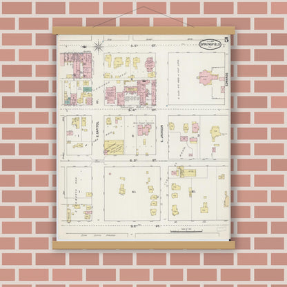Old map wall art mockup — magnetic wood frame on brick wall — Sanborn Fire Insurance Map from Springfield, Sangamon County, Illinois (1890), Sheet #0005