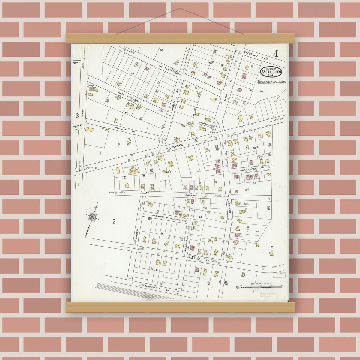 Old map wall art mockup — magnetic wood frame on brick wall — Sanborn Fire Insurance Map from Metuchen, Middlesex County, New Jersey (1920), Sheet #0004