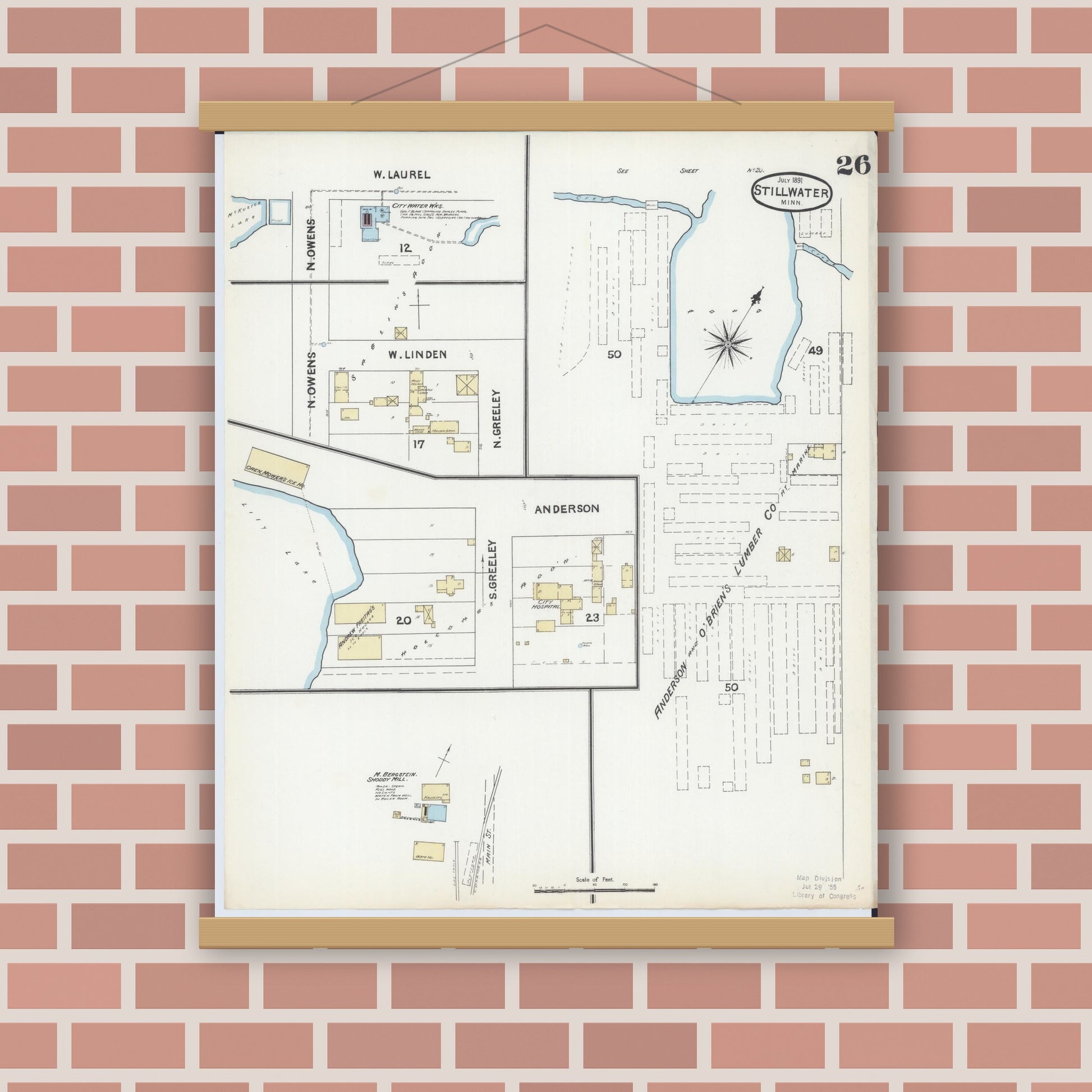 Old map wall art mockup — magnetic wood frame on brick wall — Sanborn Fire Insurance Map from Stillwater, Washington County, Minnesota (1891), Sheet #0026