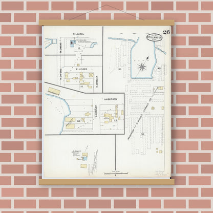 Old map wall art mockup — magnetic wood frame on brick wall — Sanborn Fire Insurance Map from Stillwater, Washington County, Minnesota (1891), Sheet #0026