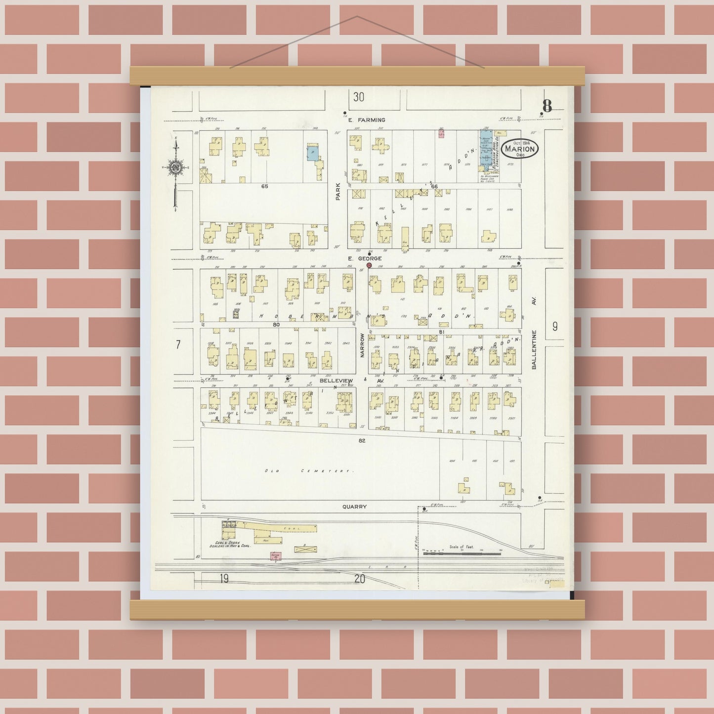 Old map wall art mockup — magnetic wood frame on brick wall — Sanborn Fire Insurance Map from Marion, Marion County, Ohio (1914), Sheet #0008