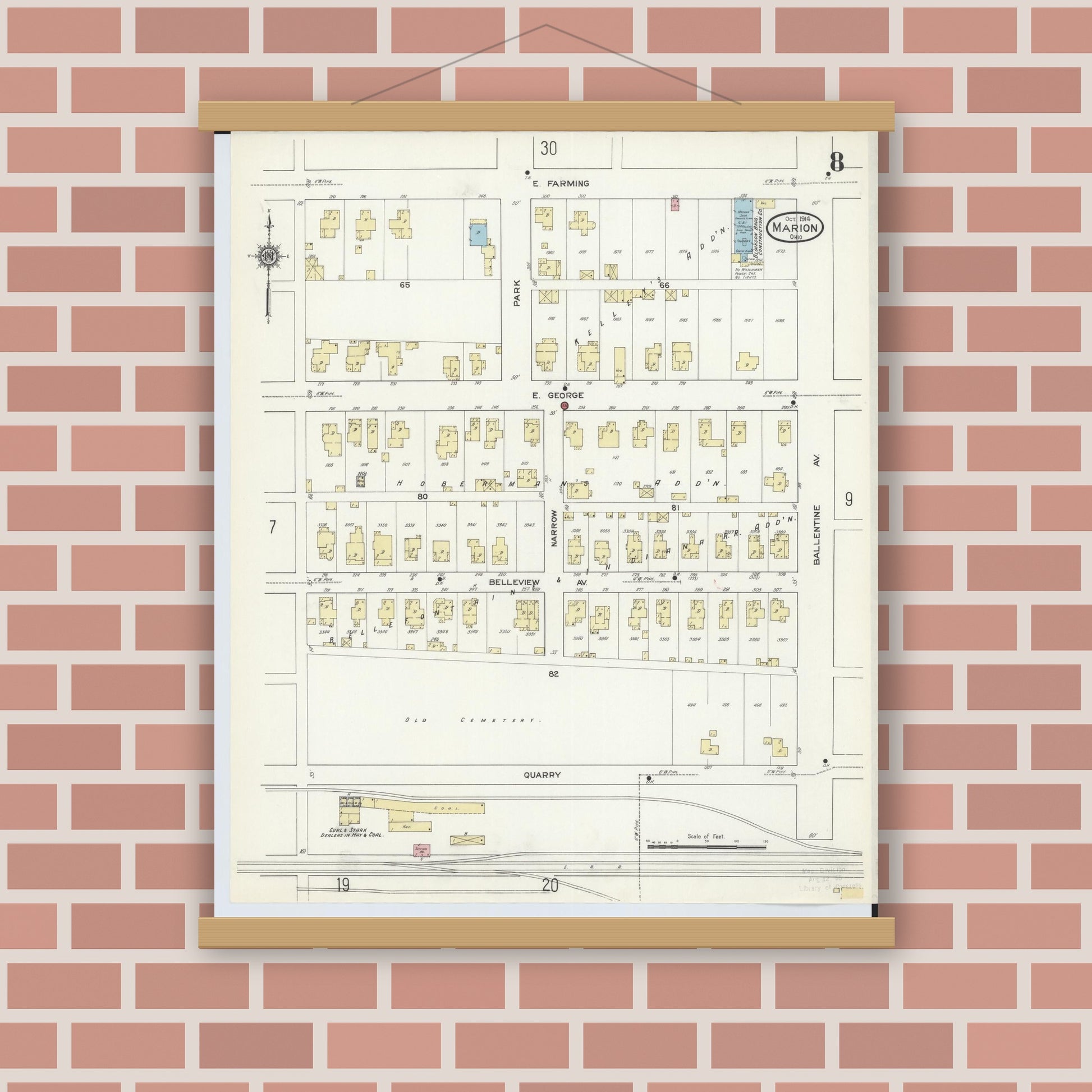 Old map wall art mockup — magnetic wood frame on brick wall — Sanborn Fire Insurance Map from Marion, Marion County, Ohio (1914), Sheet #0008