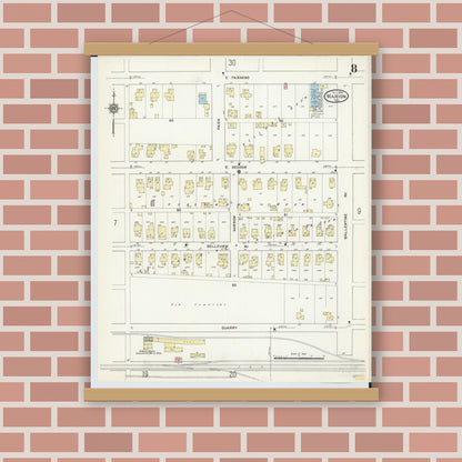 Old map wall art mockup — magnetic wood frame on brick wall — Sanborn Fire Insurance Map from Marion, Marion County, Ohio (1914), Sheet #0008