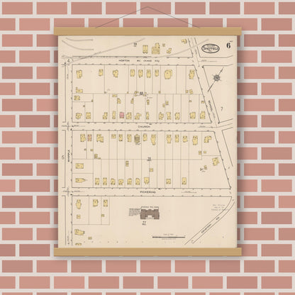 Old map wall art mockup — magnetic wood frame on brick wall — Sanborn Fire Insurance Map from Sheffield, Warren County, Pennsylvania (1922), Sheet #0006