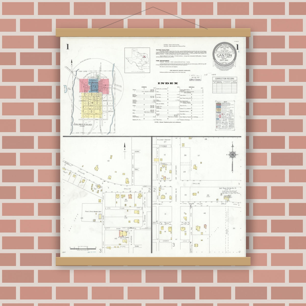 Old map wall art mockup — magnetic wood frame on brick wall — Sanborn Fire Insurance Map from Canton, Van Zandt County, Texas (1941) - Complete Map Set
