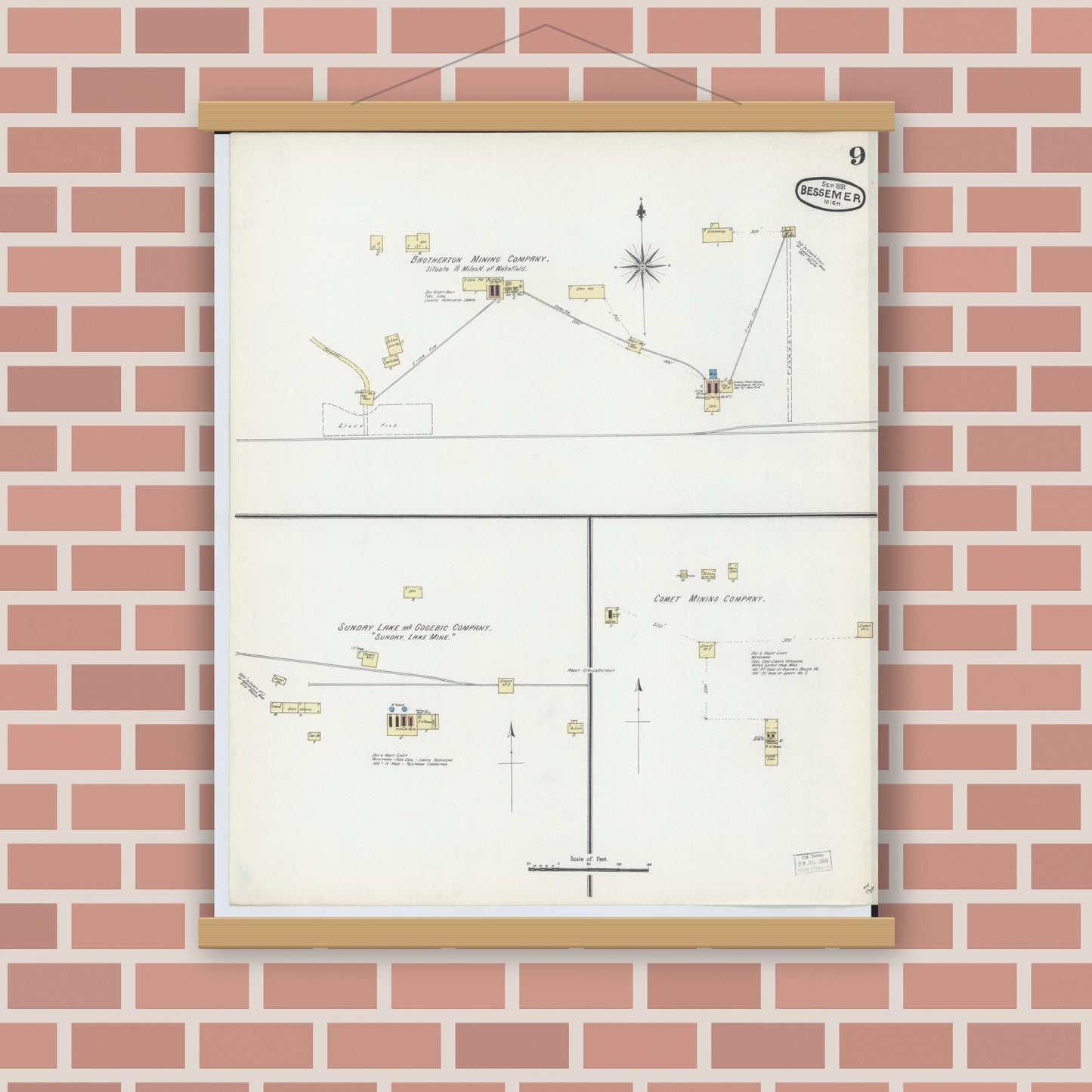 Old map wall art mockup — magnetic wood frame on brick wall — Sanborn Fire Insurance Map from Bessemer, Gogebic County, Michigan (1891), Sheet #0009