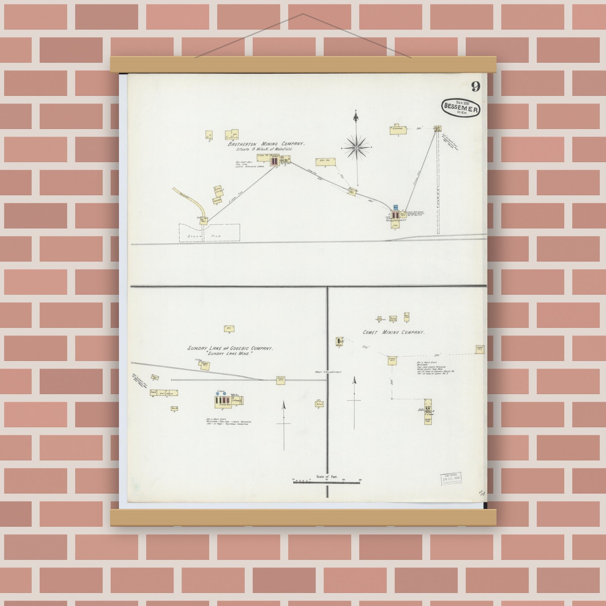 Old map wall art mockup — magnetic wood frame on brick wall — Sanborn Fire Insurance Map from Bessemer, Gogebic County, Michigan (1891), Sheet #0009