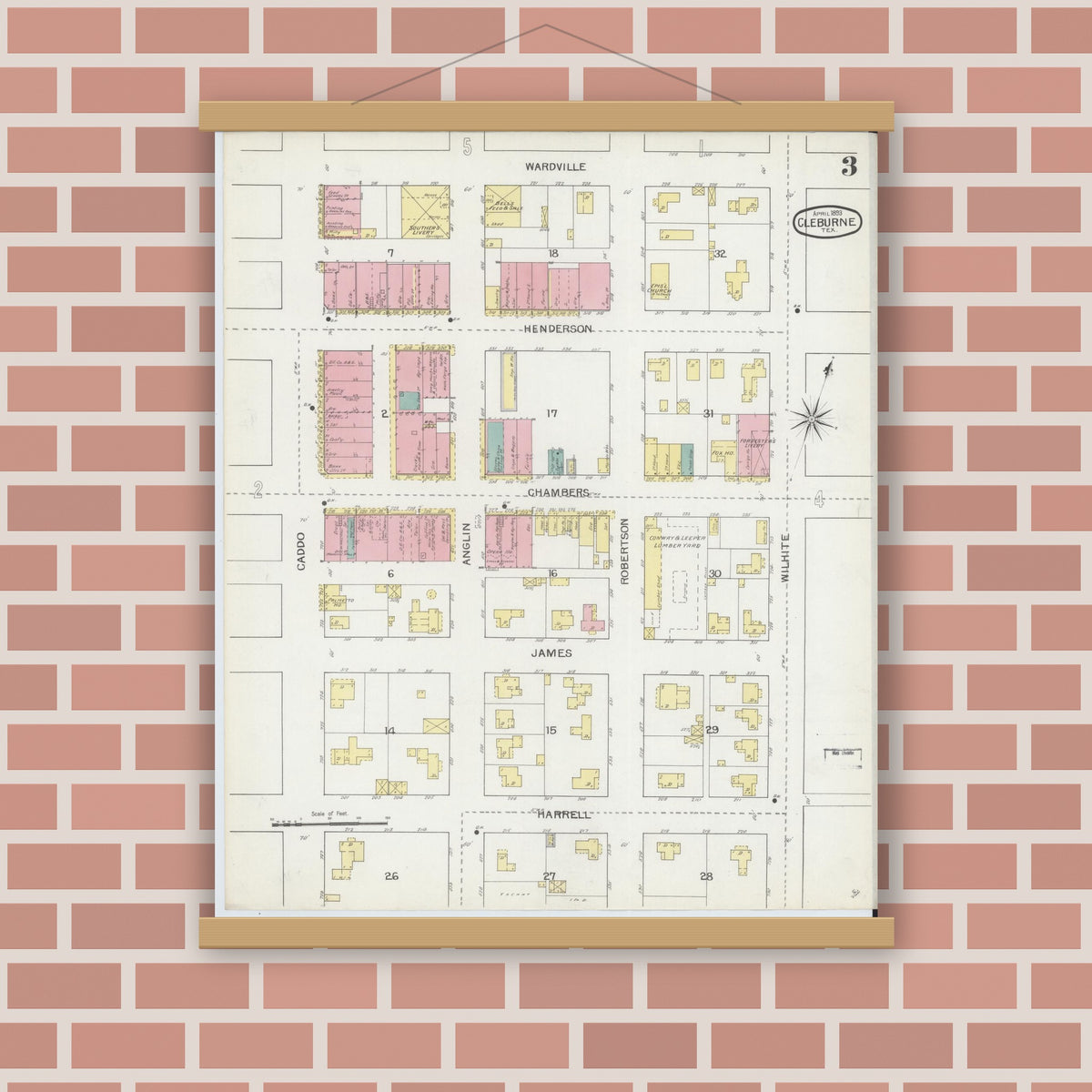 Old map wall art mockup — magnetic wood frame on brick wall — Sanborn Fire Insurance Map from Cleburne, Johnson County, Texas (1893), Sheet #0003