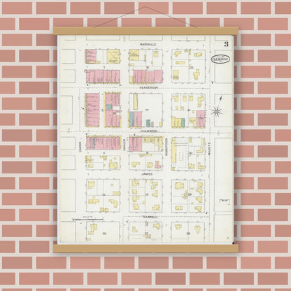 Old map wall art mockup — magnetic wood frame on brick wall — Sanborn Fire Insurance Map from Cleburne, Johnson County, Texas (1893), Sheet #0003