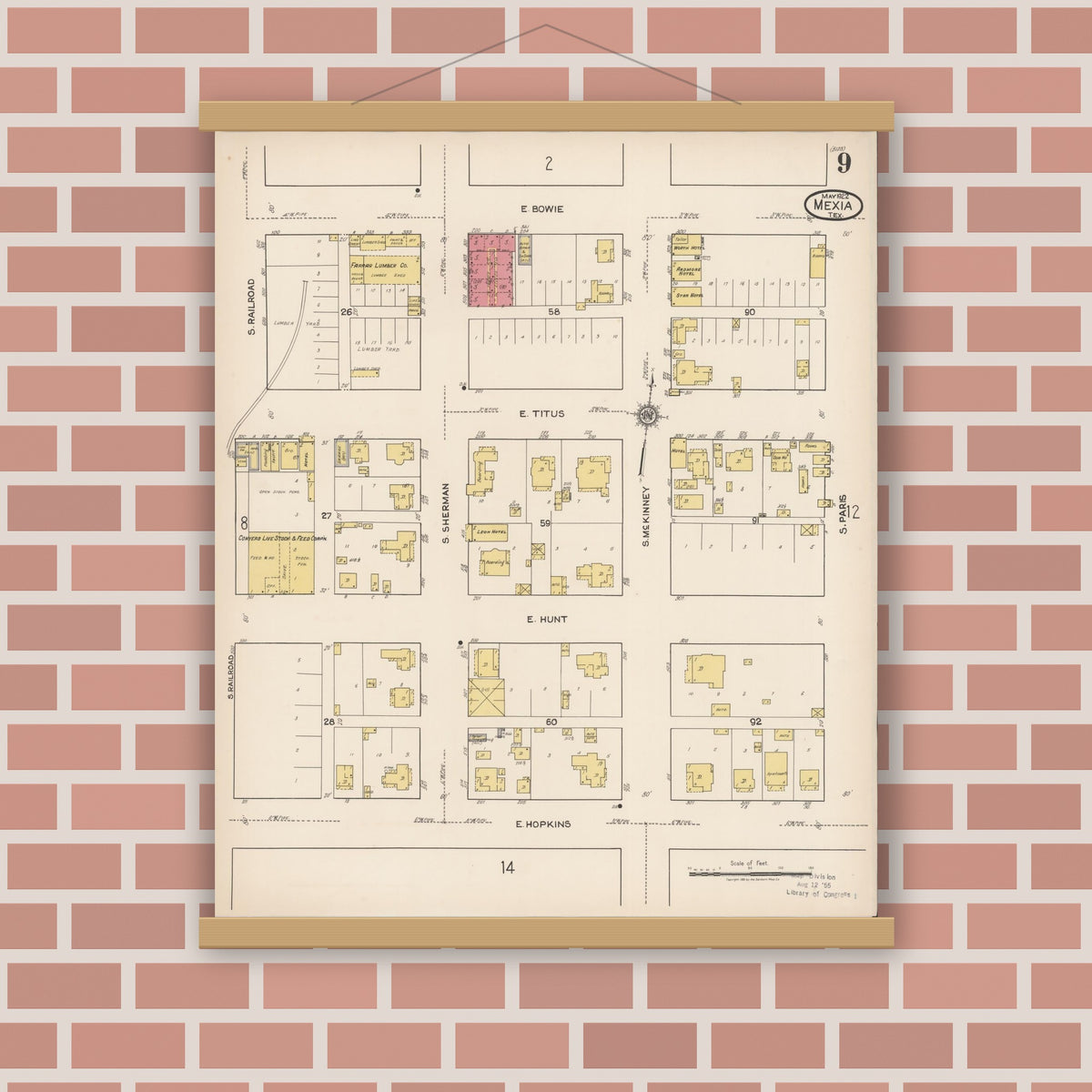 Old map wall art mockup — magnetic wood frame on brick wall — Sanborn Fire Insurance Map from Mexia, Limestone County, Texas (1922), Sheet #0009