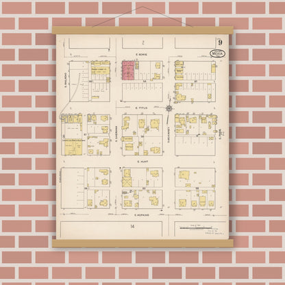 Old map wall art mockup — magnetic wood frame on brick wall — Sanborn Fire Insurance Map from Mexia, Limestone County, Texas (1922), Sheet #0009