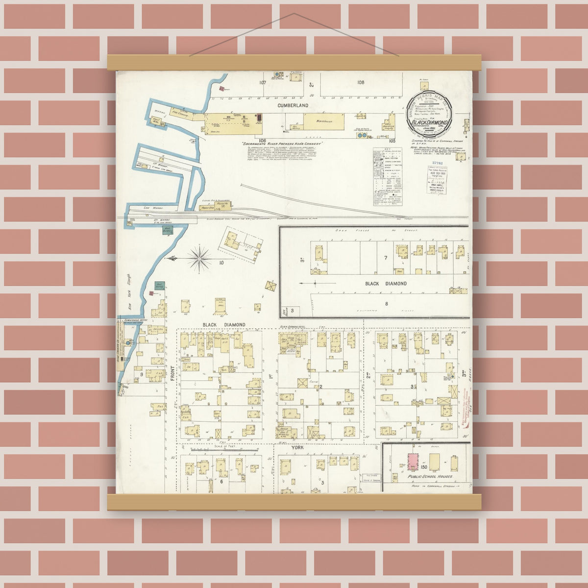 Old map wall art mockup — magnetic wood frame on brick wall — Sanborn Fire Insurance Map from Black Diamond, Contra Costa, California (1900), Sheet #0001