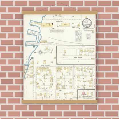 Old map wall art mockup — magnetic wood frame on brick wall — Sanborn Fire Insurance Map from Black Diamond, Contra Costa, California (1900), Sheet #0001