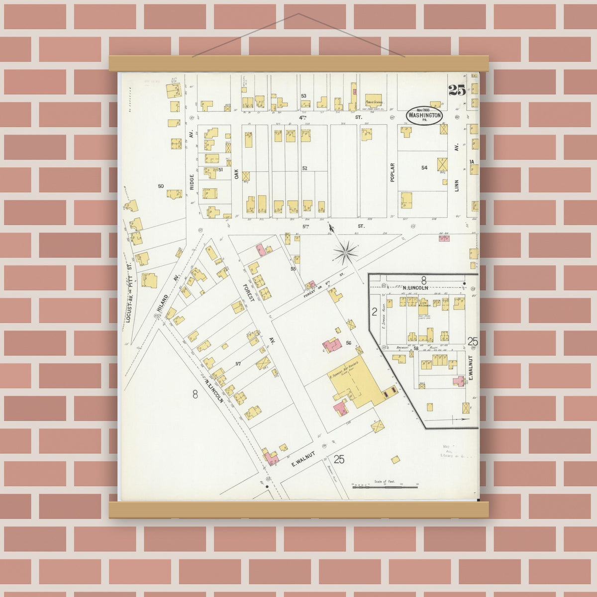 Old map wall art mockup — magnetic wood frame on brick wall — Sanborn Fire Insurance Map from Washington, Washington County, Pennsylvania (1900), Sheet #0025