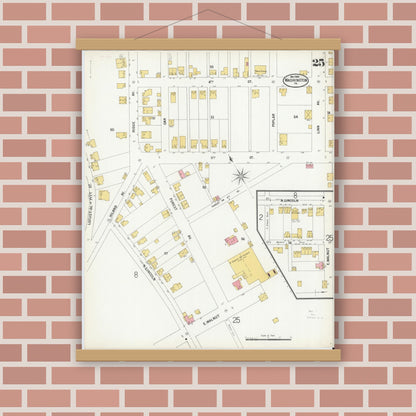 Old map wall art mockup — magnetic wood frame on brick wall — Sanborn Fire Insurance Map from Washington, Washington County, Pennsylvania (1900), Sheet #0025