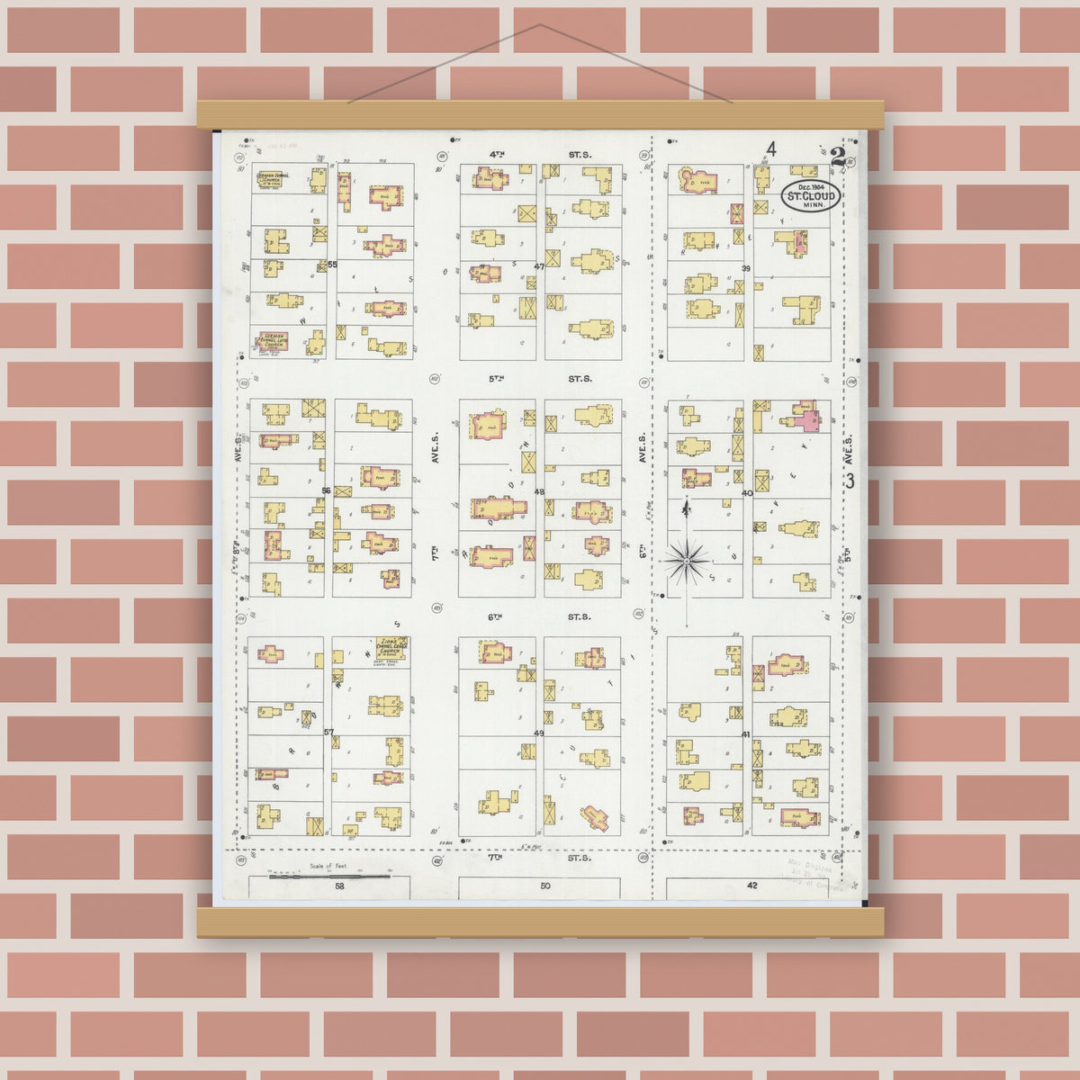 Old map wall art mockup — magnetic wood frame on brick wall — Sanborn Fire Insurance Map from Saint Cloud, Stearns, Benton, and Sherburne Counties, Minnesota (1904), Sheet #0002