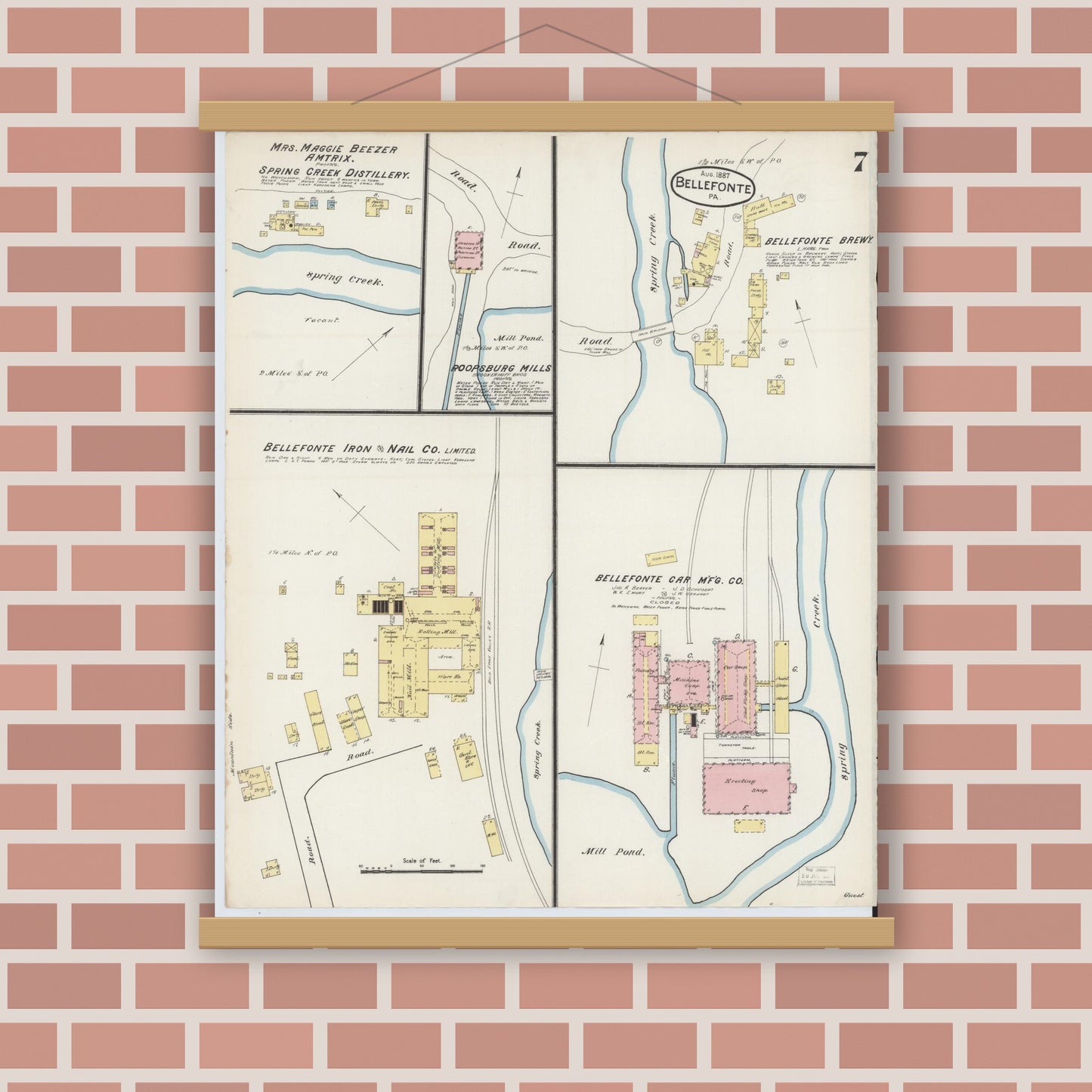 Old map wall art mockup — magnetic wood frame on brick wall — Sanborn Fire Insurance Map from Bellefonte, Centre County, Pennsylvania (1887), Sheet #0007