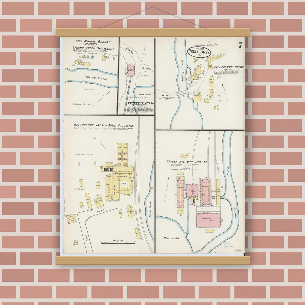 Old map wall art mockup — magnetic wood frame on brick wall — Sanborn Fire Insurance Map from Bellefonte, Centre County, Pennsylvania (1887), Sheet #0007