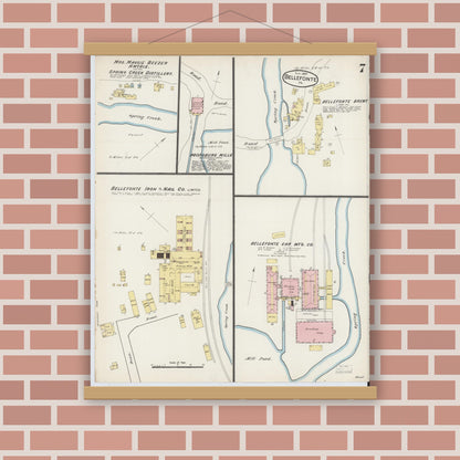 Old map wall art mockup — magnetic wood frame on brick wall — Sanborn Fire Insurance Map from Bellefonte, Centre County, Pennsylvania (1887), Sheet #0007