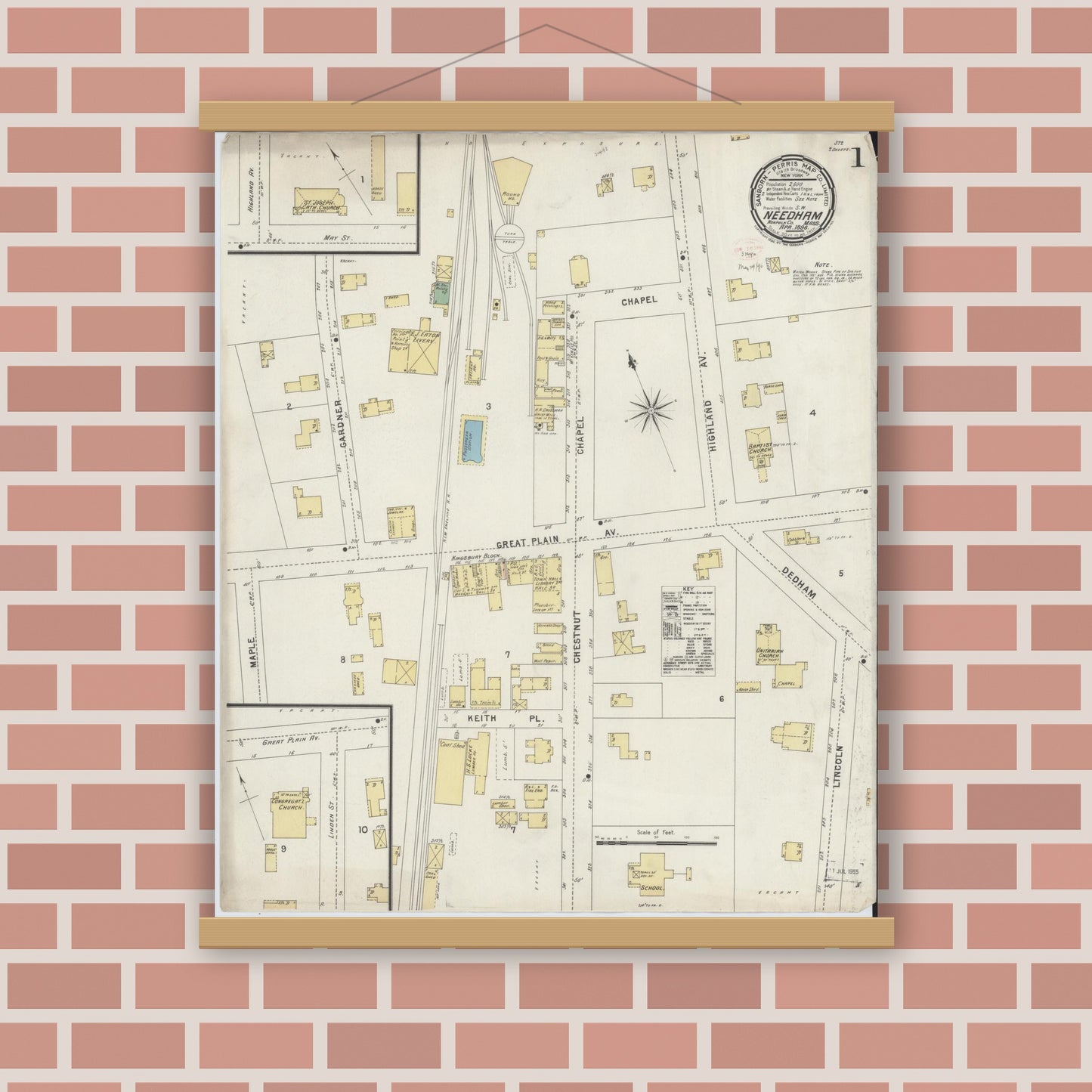 Old map wall art mockup — magnetic wood frame on brick wall — Sanborn Fire Insurance Map from Needham, Norfolk County, Massachusetts (1896), Sheet #0001